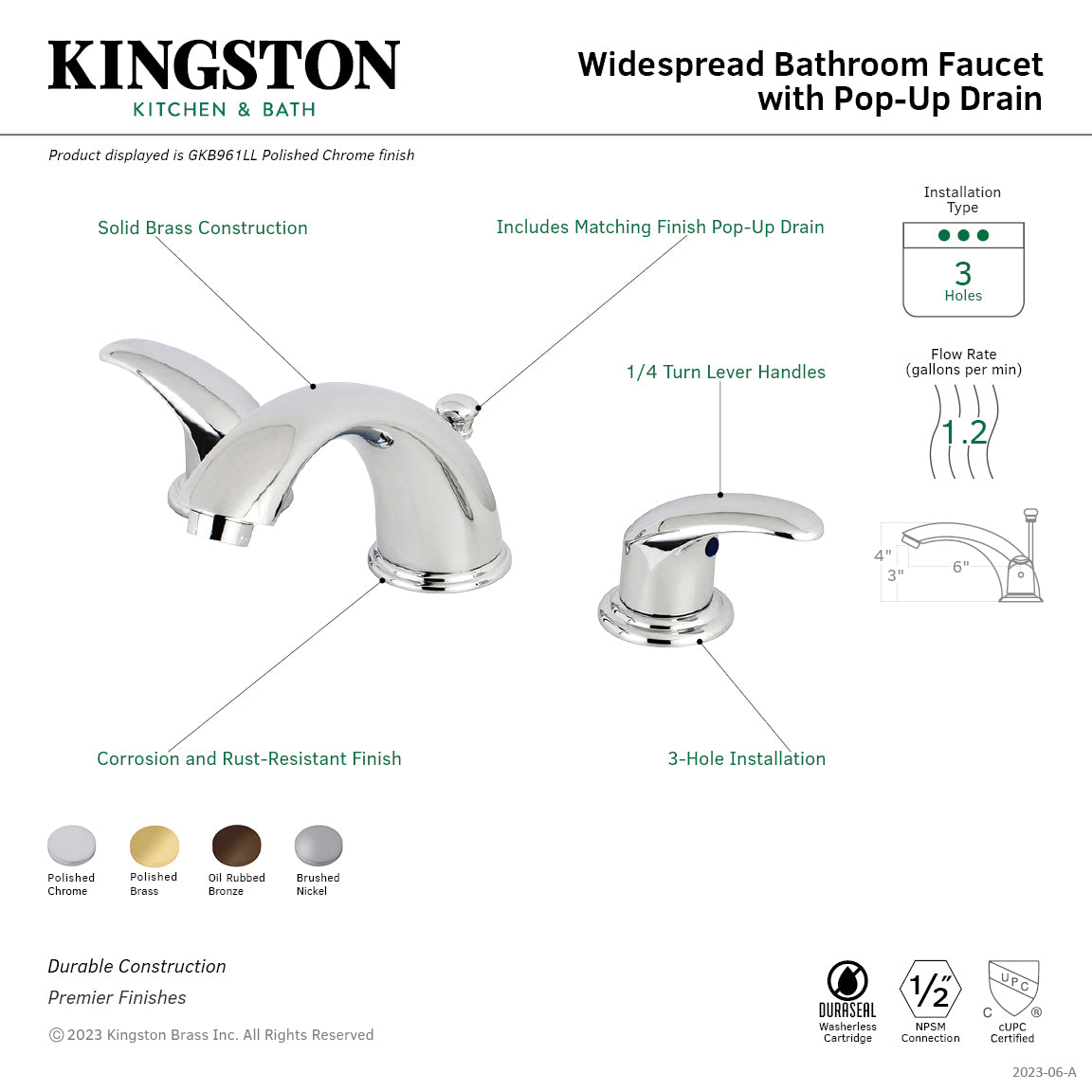 Kingston Tulare GKB965LL - Legacy Two-Handle 3-Hole Deck Mount Widespread Bathroom Faucet with Pop-Up Drain, Oil Rubbed Bronze — thumbnail 2